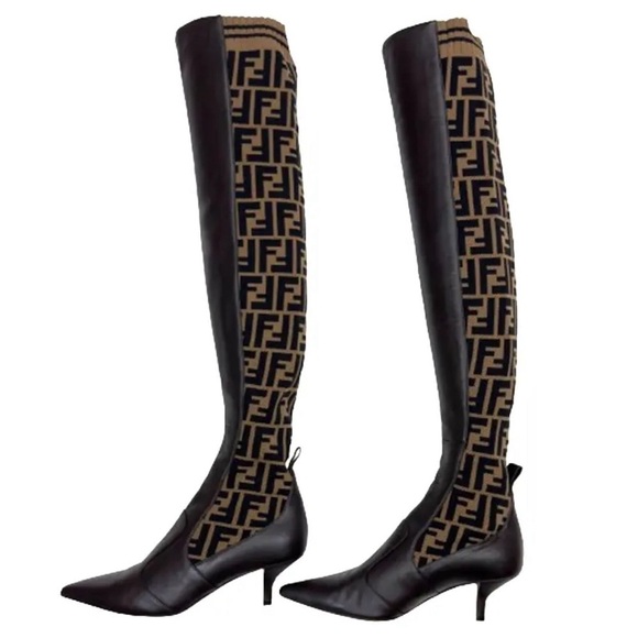 Fendi Rockoko FF Monogram Thigh-High Boots – Brown Knit & Leather, Size 7.5 - Picture 1 of 11